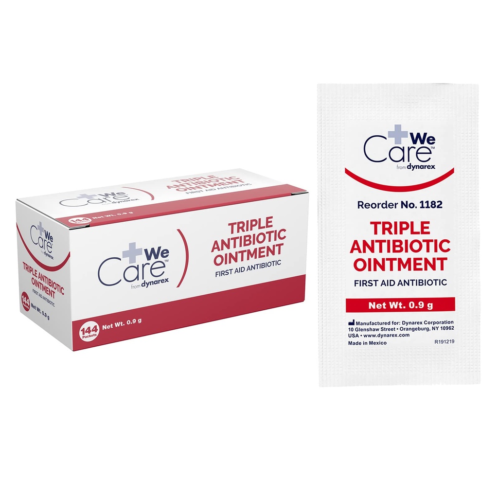 Dynarex Triple Antibiotic Ointment, Used for Minor Wounds such as Cuts, Scrapes and Burns, Single-Use First Aid Ointment 0.9g Foil Packets, 1 Box of 144 Triple Antibiotic Packets