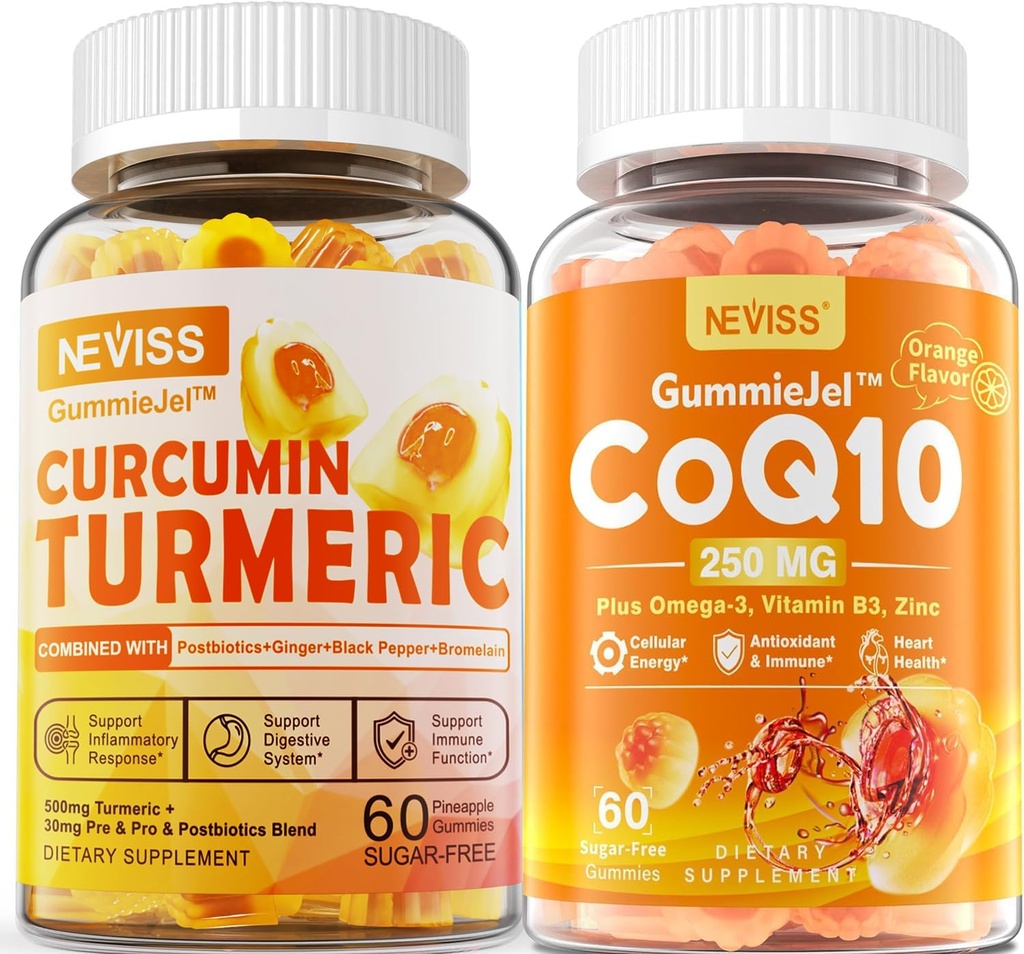 Suikervrij Kurkuma Curcumin Gevulde Gummies 550mg & CoQ10-250mg Gevulde Gummies, Immune, Digestieve Gezondheid, Cellulaire Energie & Antioxidant Ondersteuning