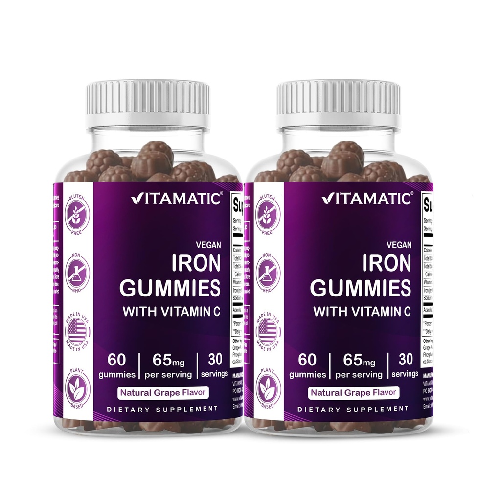 Vitamatic Iron 65 mg Gummies Supplement for Women & Men - 60 Vegan Gummies - Great Tasting Iron Gummy Vitamines with Vitamin C (2)