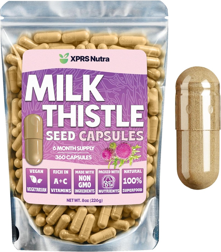 Capsules de graines de chardon de lait - 360 Compte (6 mois d'approvisionnement) Supplément de chardon de lait de qualité supérieure Riche en silymarin pour soutenir le foie et la digestion - Pure, non-OGM Cardo Mariano Pinces de chardon de lait