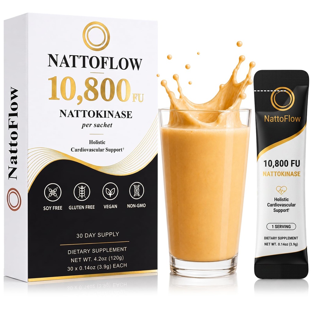 Nattokinase 10,800 FU Supplement - Daily Circulation Support Powder with Vitamin K2 MK7, Beta Glucan Fiber & Turmeric, Japanese Plant-Based Drink Mix, Soy-Free, 30 Single-Serve Sachets