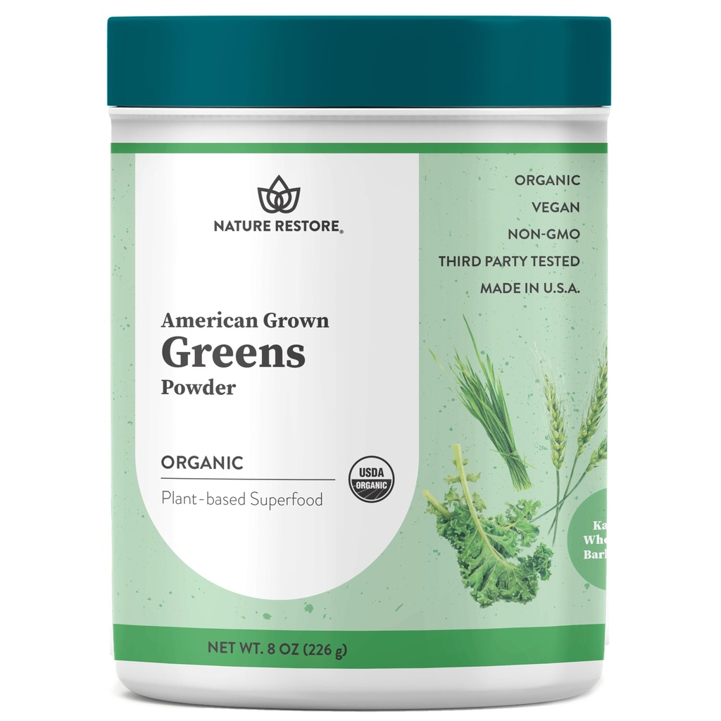 Nature Restore Greens Superfood Powder, USA Gegroeid, Biologische Kale, Gerstgras, Tarwegras, Ongezoete, 8 Ounces, Made in USA