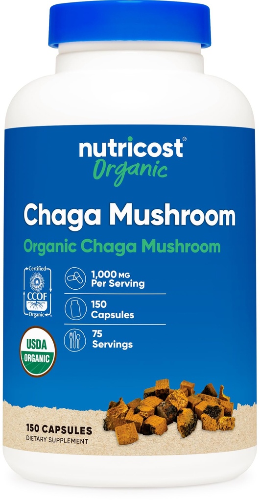 Nutricost Organic Chaga Mushroom (1000mg) 150 Capsules, Gluten Free | CCOF Certified, Made with Organic Chaga Mushroom, Vegetarian, 500mg Per Capsule, 75 Servings