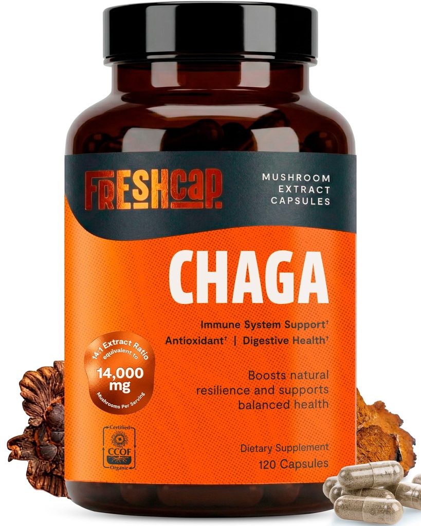FreshCap Mushrooms Premium Organic Chaga Supplement Capsules - 14:1 Fruiting Body Extract with 15% Beta-Glucans - 3rd-Party Tested - Maintains Immune Health and Digestive Balance (120 Capsules)