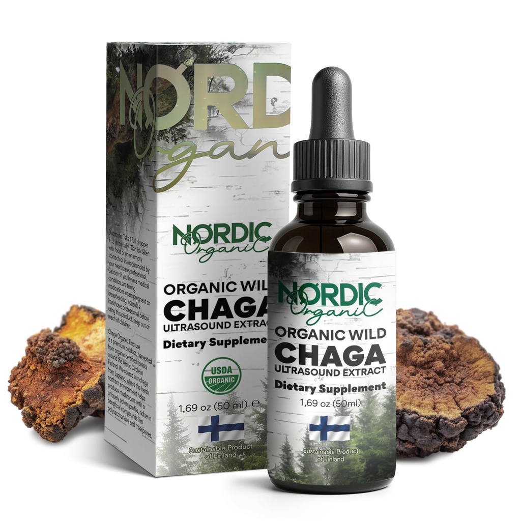 Chaga Organic Mushroom Extract - Next-Gen Ultrasound Extraction, Wild Harvested in Arctic Finland, 100% Fruiting Body, Ultra Potent Tincture for Immune, DNA & Gut Health Support, USDA Certified, 50ml