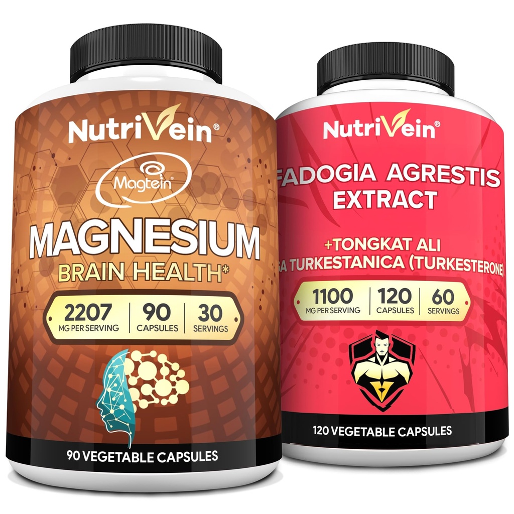 Nutrivein Premium Fadogia Agrestis and Tongkat Ali Supplement & Magnesium L-Threonate Bundle: Tongkat Ali Fadogia Agrestis and Magnesium Threonate Supplement Pair for Fitness, Recovery, & Vitality