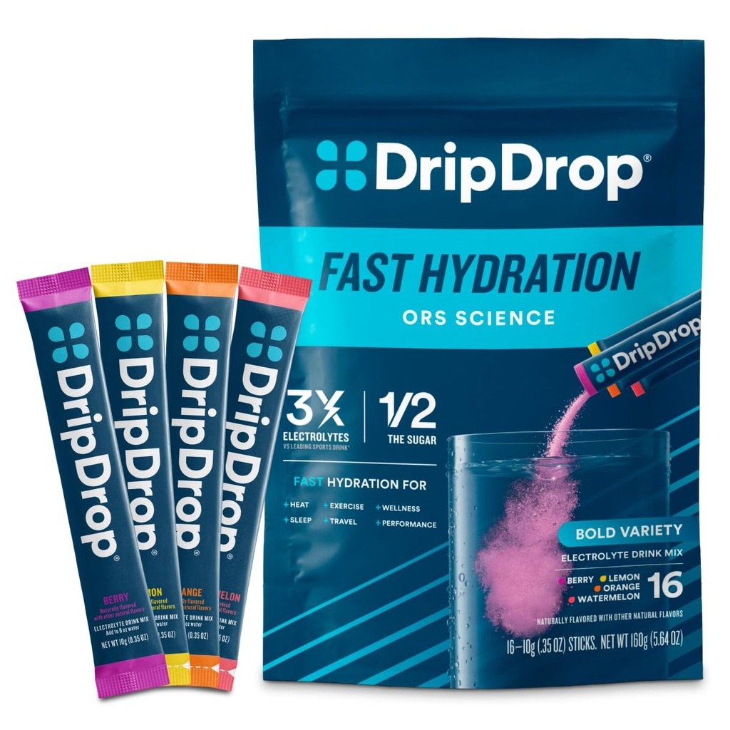 DripDrop Hydration Packets - Bold Variety Pack - Single Serve Electrolytes Powder Drink Mix - Watermeloen, Berry, Citroen, Orange - Non-GMO, Glutenvrij, Veganist - 16 Sticks