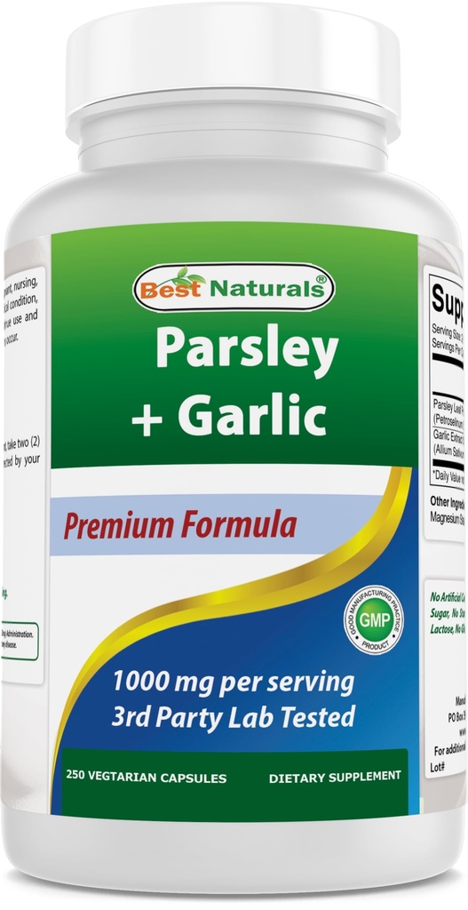 Meilleurs naturels persil et ail 1000 mg par portion 250 capsules végétariennes. Sans gluten et sans OGM.