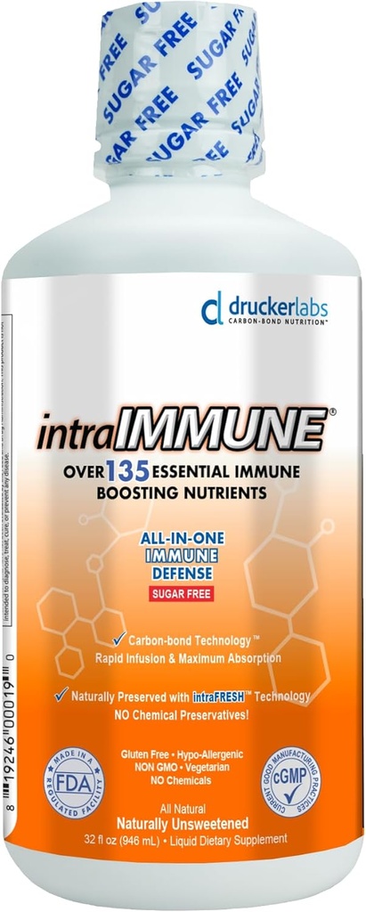 Drucker Labs -intraIMMUNE Immune liquide biologique quotidienne et soutien de la défense, Multivitamine, Elderberry, Echinacea, zinc, vitamine D, C E, végétalien, non OGM, sans gluten (32 oz, sans sucre)