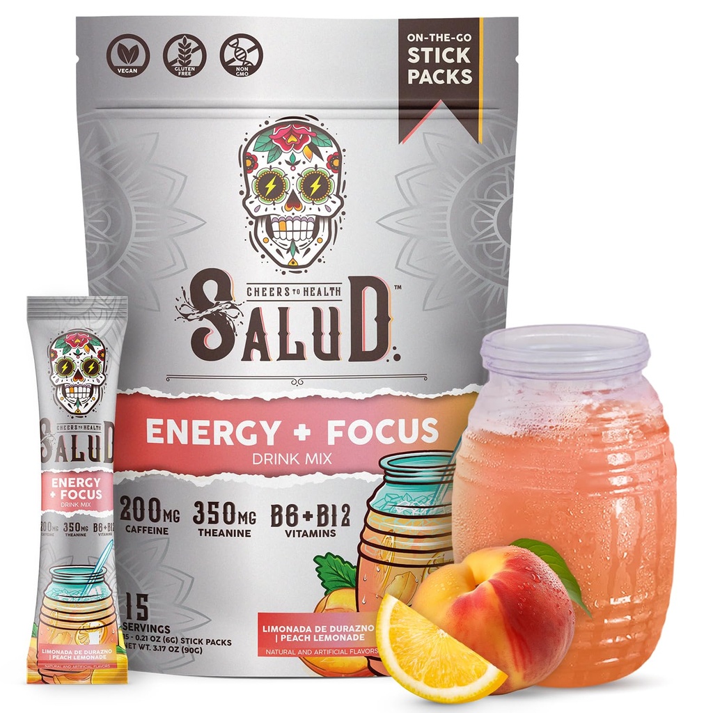 Salud 2-in-1 Energiedrank poeder + Focus, Peach Lemonade, Biologische Cafeïne, B6 + B12, Theanine, Clean Energy Drink Packets, Agua Fresca Mix, Non-GMO, Glutenvrij, Veganistisch, 1g suiker, (15 Serven)
