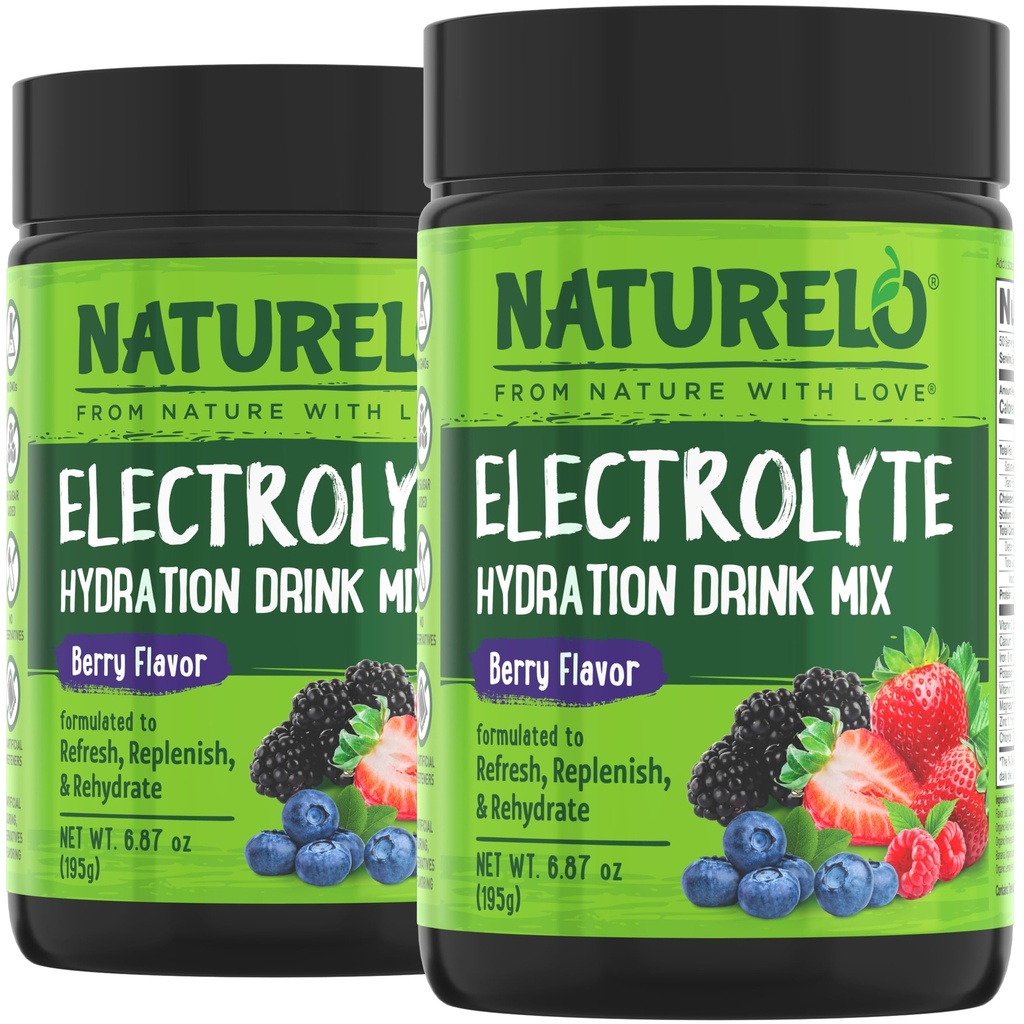 NATURELO Electrolyte Powder Sugar Free Berry Flavor Drink Mix, 100 Servings | 2 Pack, Hydration and Mineral Drink Mix, Non-GMO