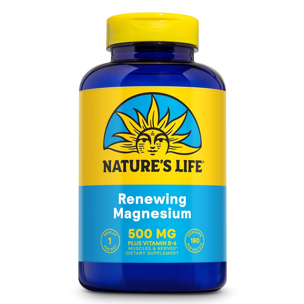 Natures Life Renewing Magnesium 500 mg - Plus Vitamine B-6 - Spieren en zenuwen Ondersteuning - Lab Geverifieerd (180 porties, 180 VegCaps)