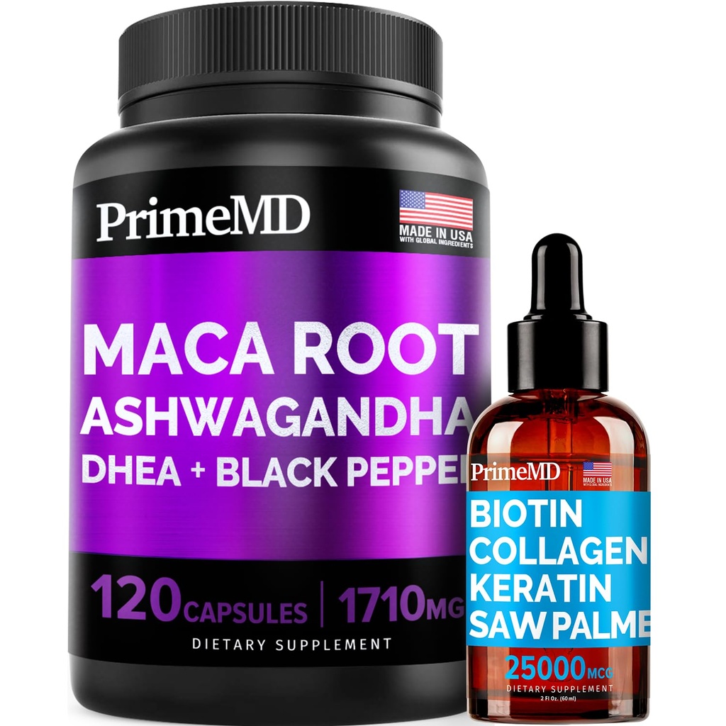 4-in-1 Liquid Biotin Collagen Keratine Saw Palmetto Drops (2 fl oz - 1 Pack) & 6-in-1 Maca Root Ashwagandha w Black Pepper Fruit (120ct) Bundel - Hair, Skin, Nails, Energy & Mood Ondersteuning Supplement