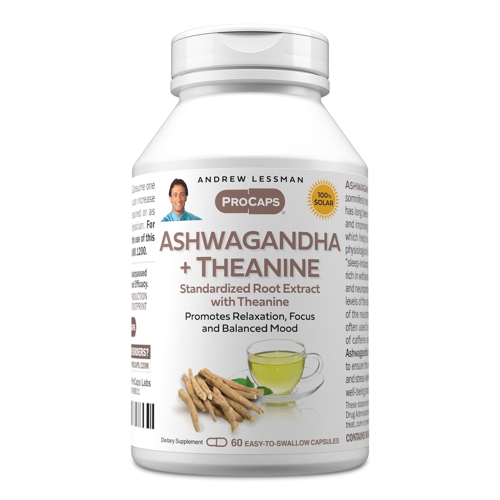 ANDREW LESSMAN Ashwagandha + Theanine 60 Capsules - Standaard Extract. Bevordert ontspanning, concentratie en evenwichtige stemming. Klein Makkelijk te slikken capsules