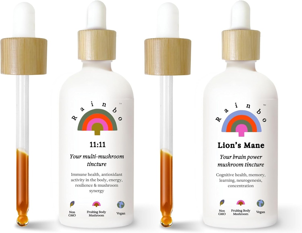 Rainbo Fan favoriete bundel, 11:11 Multi Mushroom Extract + Lion's Mane Mushroom Tinctuur, Dual Extract Dagelijkse paddo Tincturen voor uitgebreide Immune Ondersteuning, Vegan Liquid Mushroom Supplementen