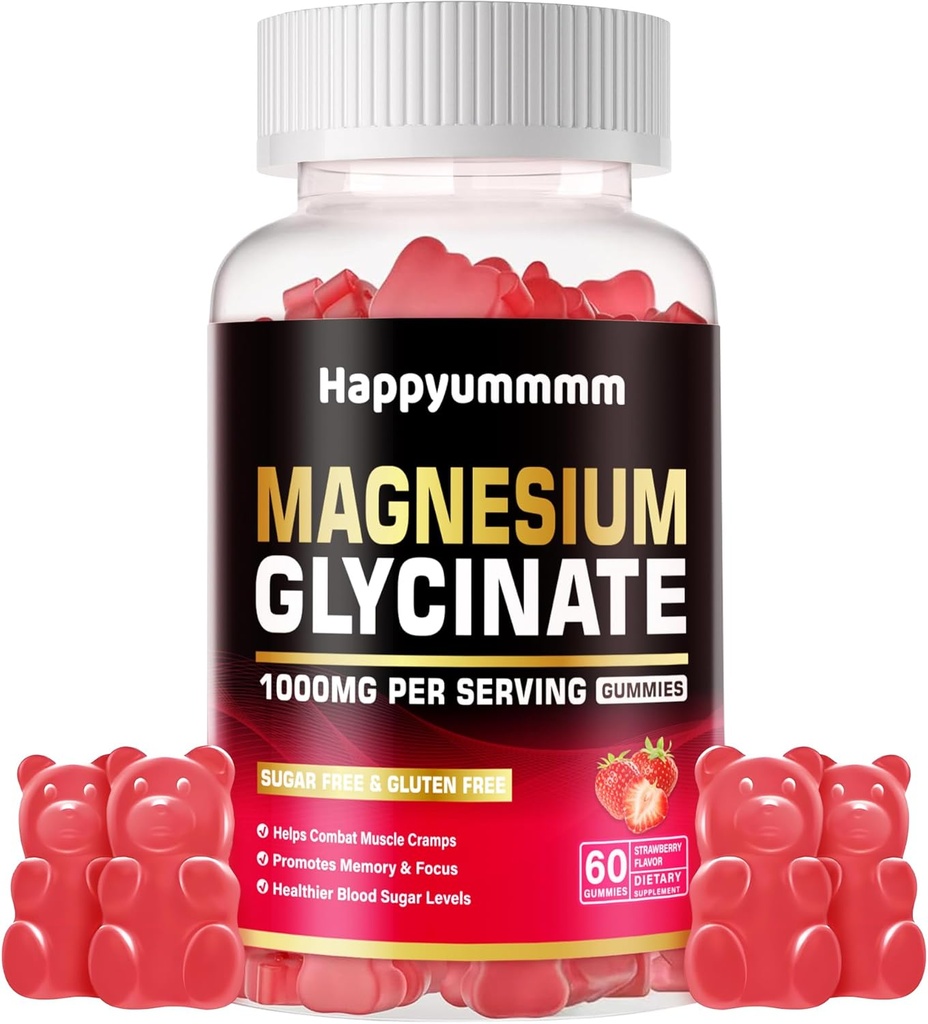 Magnesium Glycinate Gummies 1000mg - Suikervrij Magnesium Kalium Supplement met Vitamine D, B6, CoQ10 voor Kalm Mood & Slaap Ondersteuning - 60 Aardbei Gummies.