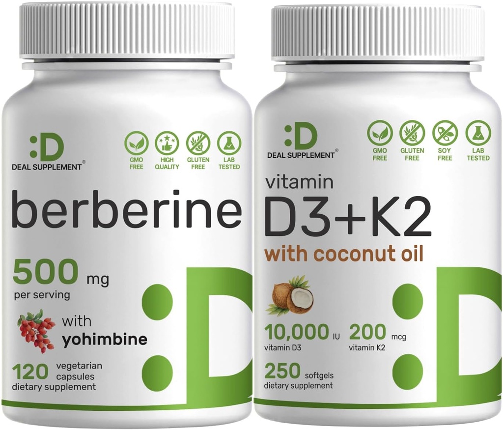 DEAL PLANTAARDIGE Vitamine D3 10.000iu + K2 200mcg Softgels & Berberine Supplement met Yohimbine Bundle 