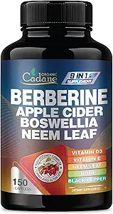 Organische Cadane Berberine Supplement 150 Capsules, met Neem Leaf, Apple Cider Vinegar, VIT D3, E & More - Berberine Extract - Ondersteuning voor immuunsysteem, spijsvertering en algehele gezondheid