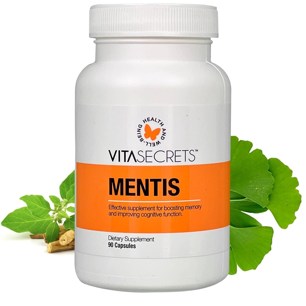 Vitasecrets Mentis Memory & Cognition Support Supplement - Concentration, Clarity, Cognitive Enhancement - Vitamins B6, B12, Ashwaganda, Gingko Biloba| Gluten and GMO Free, 90 Capsules