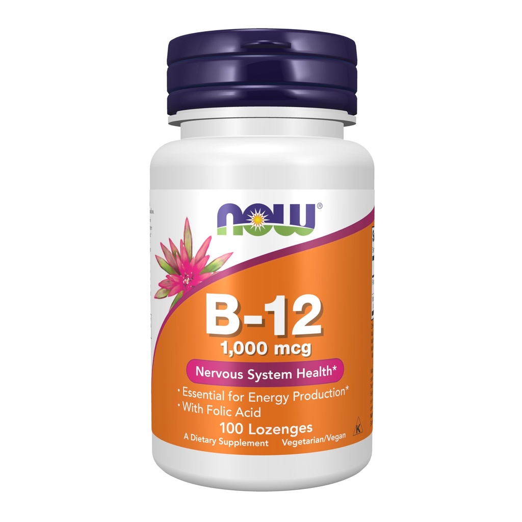 NOW Supplementen, Vitamine B-12 1000 mcg met Foliumzuur, Zenuwstelsel Gezondheid*, 100 Kauwbare Lozen