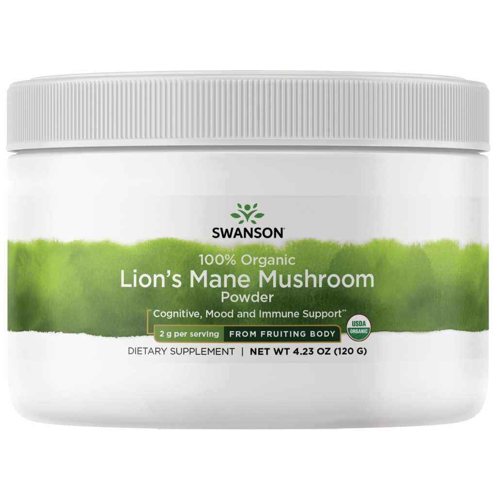 Swanson 100% Organic Lion's Mane Mushroom Powder, 4.23 oz | Supports Cognitive Performance, Memory and Attention, 100% USDA Organic Powder from Lion's Mane Fruiting Bodies