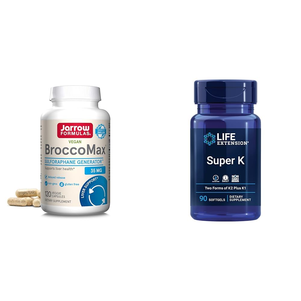Jarrow Brocco Max 120 Veggie Caps & Life Extension Super K Vitamin K1 K2 MK-7 MK-4 Vitamin C Bone/Heart/Arterial Health Non-GMO 90 Softgels