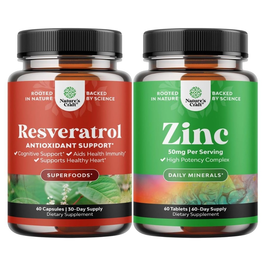 Bundle of Youthful Trans Resveratrol - Resveratrol Capsules with AMPK Activator for Cellular Health & Vitality and Zink 50mg Immune Support Supplement - Zink Complex to Enhance Hair Skin & Nails