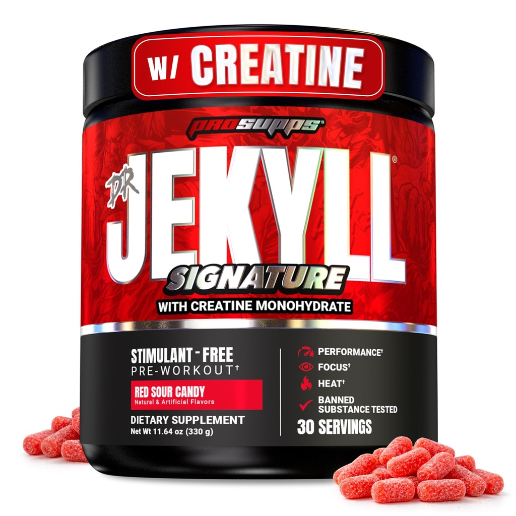 ProSupps Dr. Jekyll Signature Pre Workout Powder with Creatine, 30 Servings | Stim-Free Preworkout Supports Focus & Endurance - Caffeine-Free Gym & Fitness Supplements, Red Sour Candy
