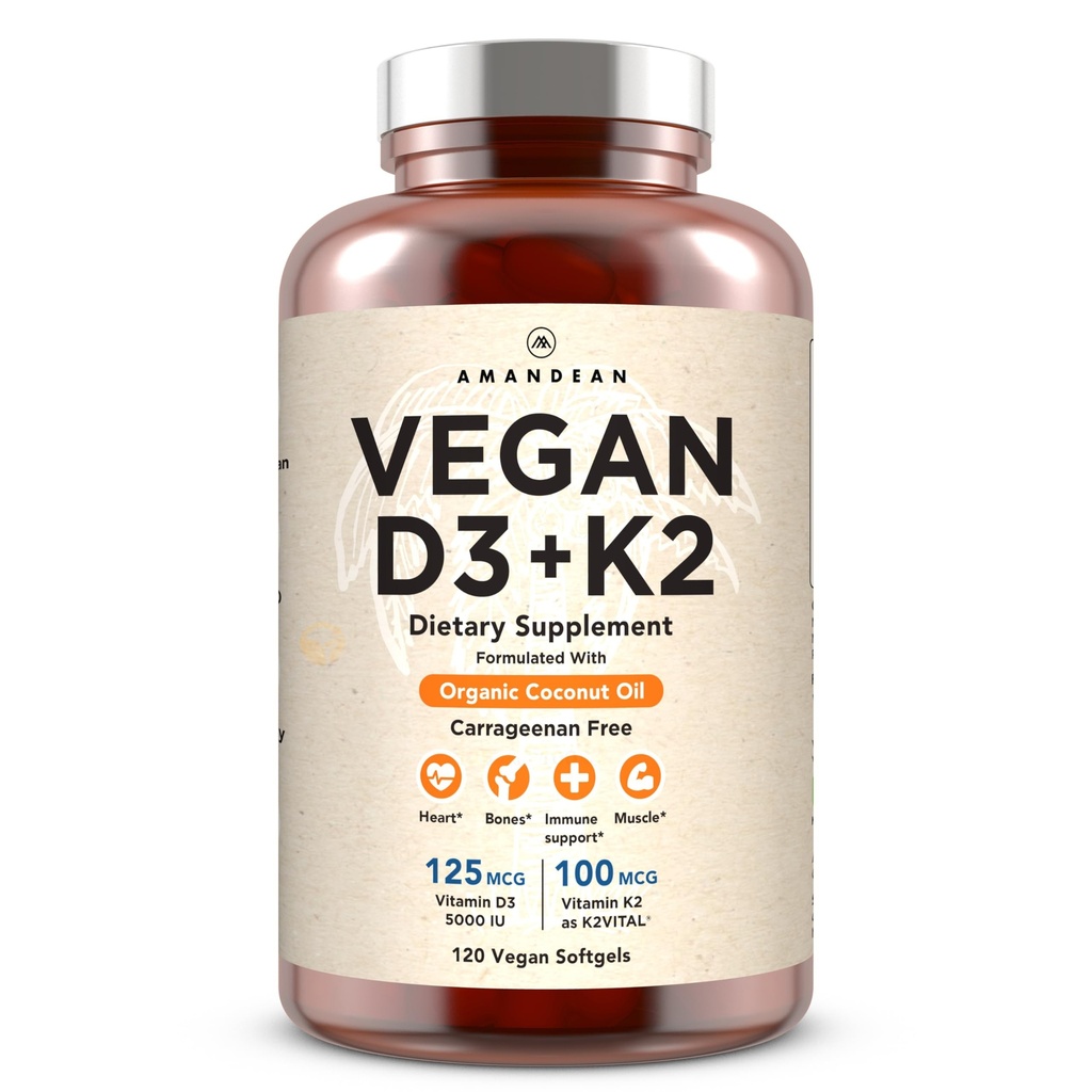 AMANDEAN Vegan Vitamin D3 K2. 5000 ie uit Algen. All-Trans MK-7. 120 Softgels. Plant-Based & Carrageenan Free. Biologische kokosolie Blend. voor Mood, Bones, Hart, Immune Health (Verpakking mei Vary)