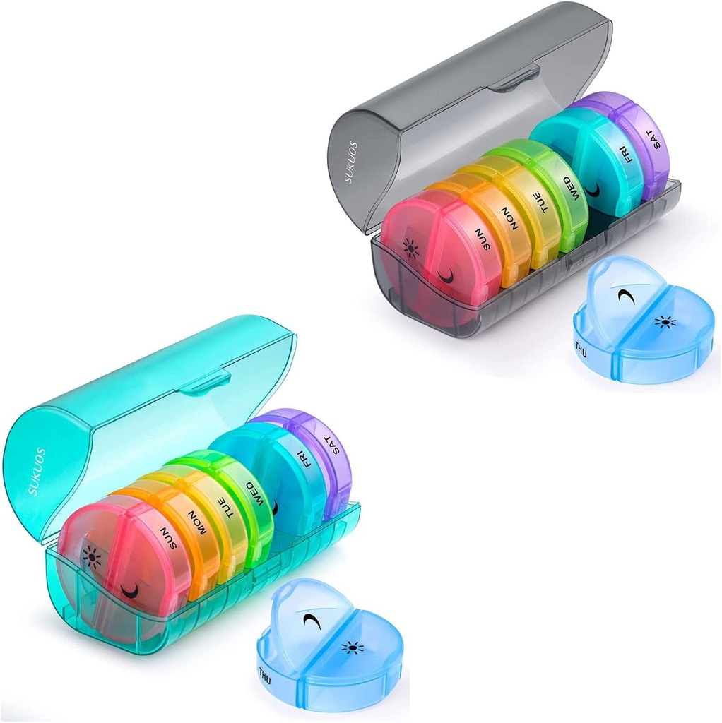 2 Pack Week pil Organizer 7 Dag 2 keer per dag, Sukuos grote dagelijkse pil kisten voor pillen/Vitamine/Visolie/Supplements, BPA Gratis pil Box, Gemakkelijk te reinigen
