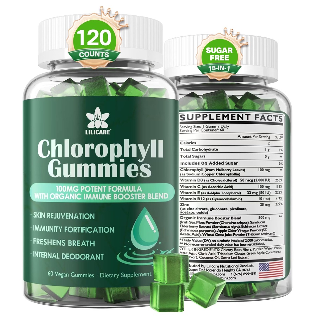 Chlorophyll Gummies - Super Green with Wheat Grass, Sea Moss, Unfiltered ACV & Elderberry, Echinacea, Zinc Complex & Vitamin D3, C, E, B12 for Natural Deodorant, Immune & Digestion Support, Pack of 2