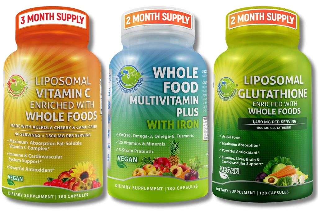 Antioxidant & Immune Support Bundle with Organic Whole Foods – Vegan Whole Food Multivitamin with Iron + Liposomal Vitamin C 1500mg & Liposomal Glutathione 500mg – Vegan, Clean Daily Wellness Support