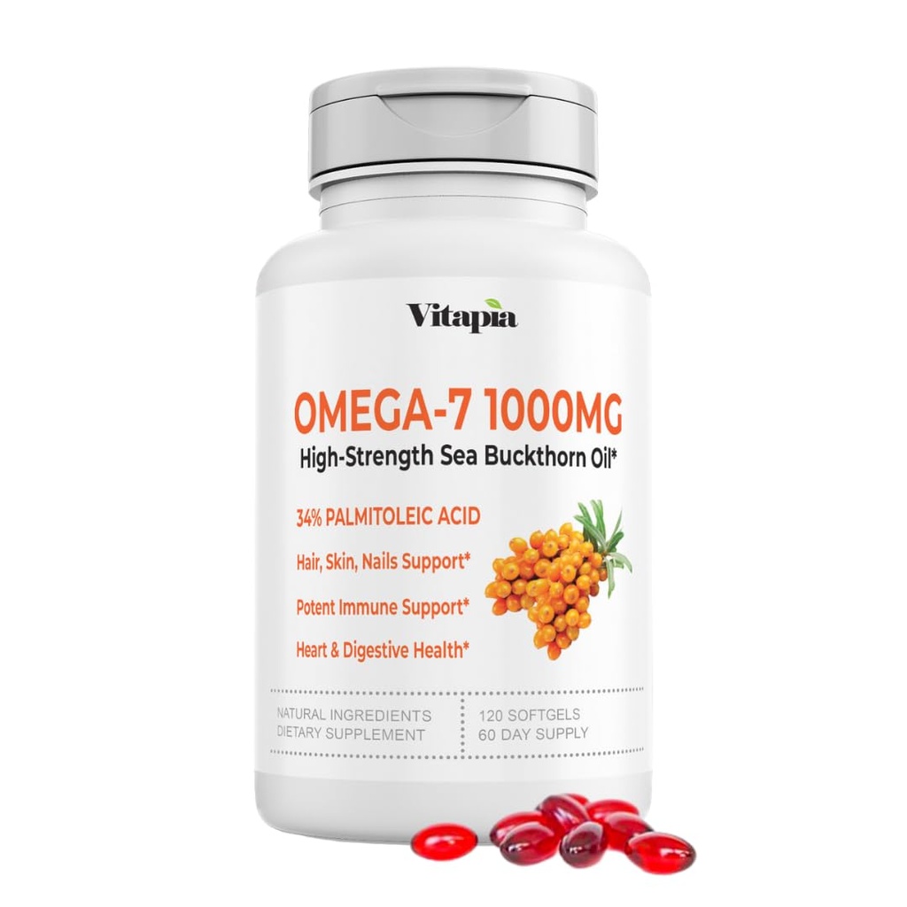 Vitapia Omega 7 Sea Buckthorn Berry Oil 1000mg for Hair, Skin, Nails, Heart Health Support - 34% Palmitoleic Acid & Natural Omega 3 6 9 Fatty Acids Supplement - 120 Capsules, Non-GMO, Glutenvrije