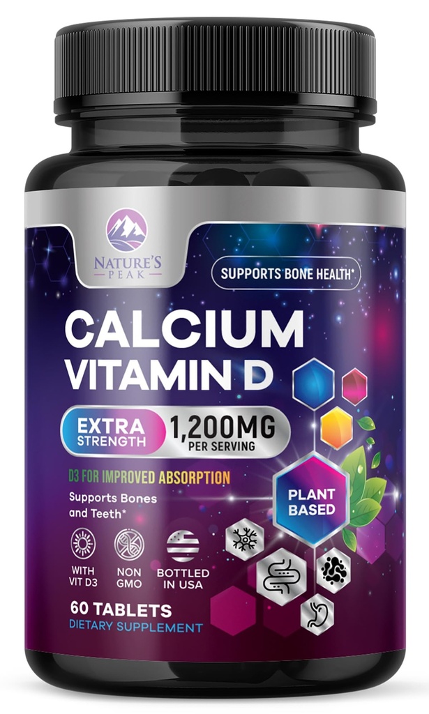 Calcium 1200 mg met vitamine D3, Calcium Supplement Vitaminen, Bot, Tanden & Immune Health Support, Calcium Supplementen met D voor vrouwen & mannen, Nature's Absorbable Calcium Carbonate - 60 tabletten