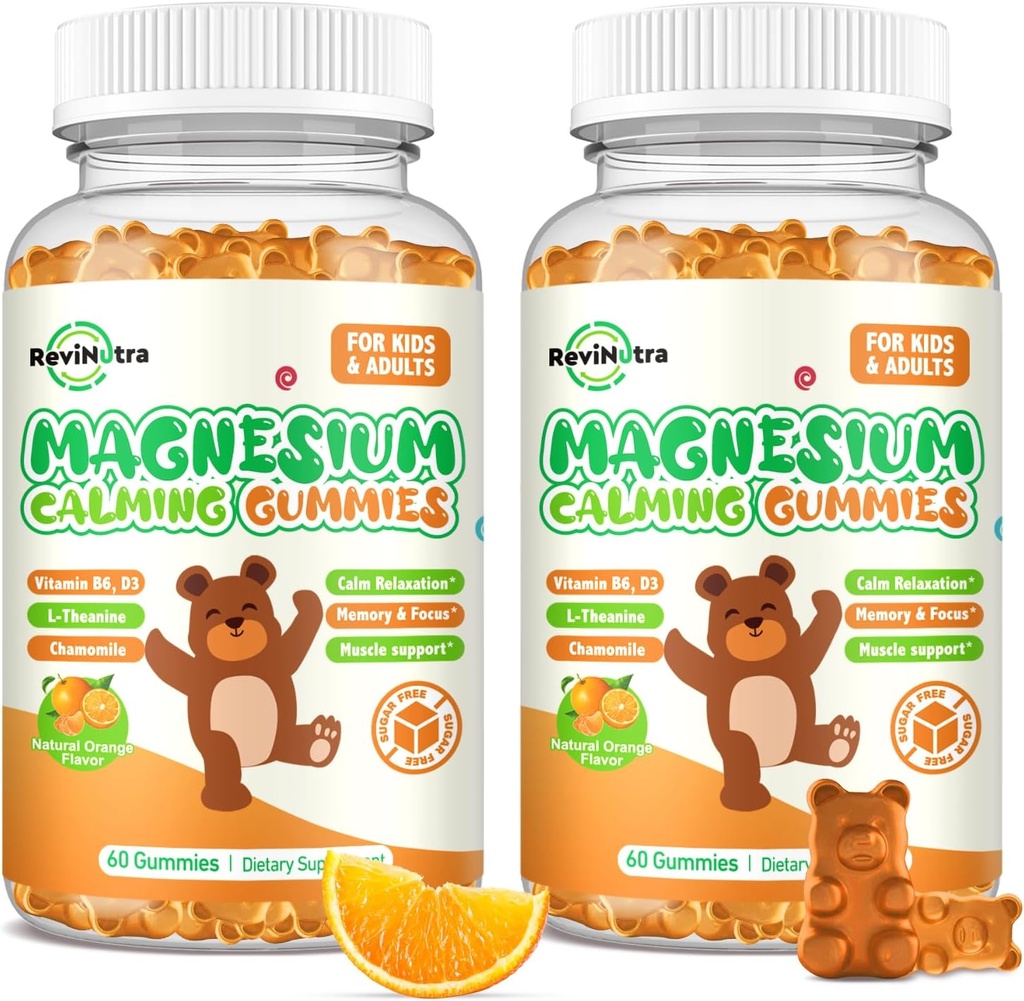Magnesium Gummies voor kinderen - Magnesium Glycinate Gummies Supplement met L-Theanine, Vitamine B6, D3 voor volwassenen & kinderen, Kalmeer Magnesium voor slaap, ontspannen, hersenen, botten, Sugar Free Orange 120ct