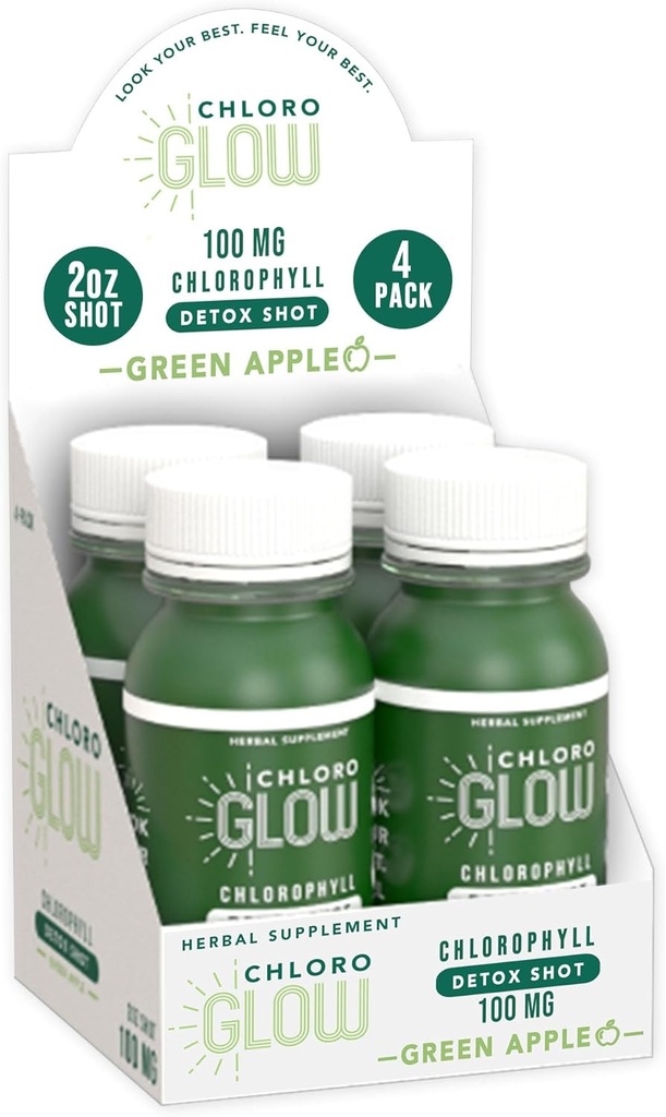 Chloroglow Chlorophyll Shots Biologische Plant-Based Green Apple Drink voor Immune Support & Body Cleanse Natural Supplement (4 Pack)