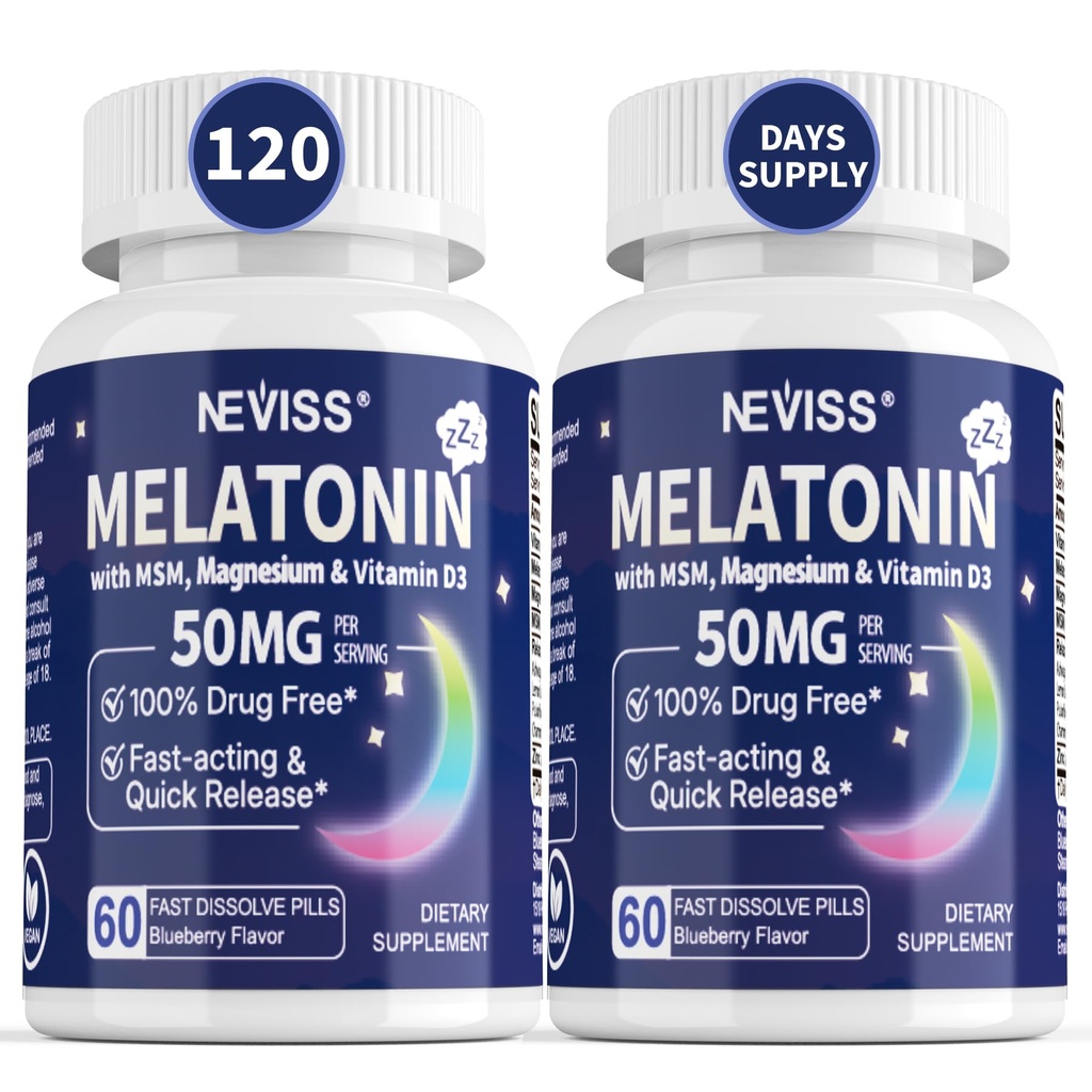 NEVISS Melatonine 50 mg voor volwassenen - Extra sterkte 9-in-1 Snelle oplossing Sublingual - Hoge dosis met Magnesium Glycinaat, Vitamine D3, Ashwagandha, Citroenbalsem, kamille, Suikervrij,Vegan 120 tabletten