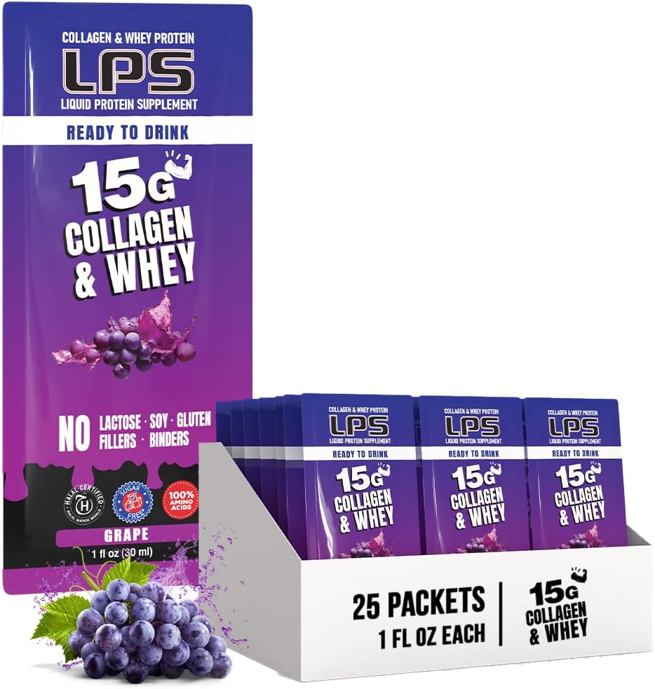 Voedingsdesigns LPS Liquid Collageen & Wei Protein Supplement - Non-GMO Drink, Sugar-Free - bevordert gezonde huid en haar voor mannen en vrouwen, druiven, enkele portie (25 pakketten)