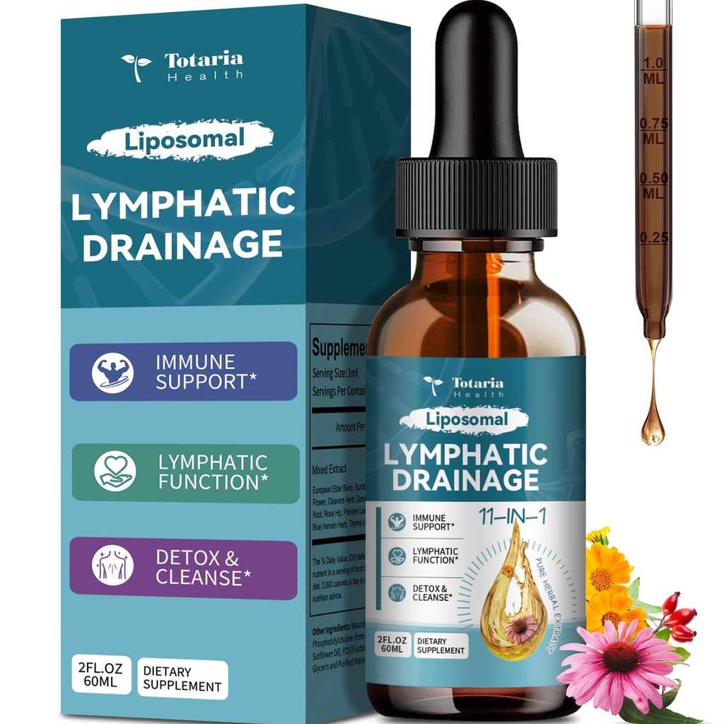 Liposomale Lymfatische Drainage Drops - 11 in 1 Biologische Lymfatische Drainage Supplement met Burdock Root, Echinacea, Vlierbes, Calendula, Clears Herb, Dandelion ondersteunt Lymfatische Gezondheid 2 FL.OZ