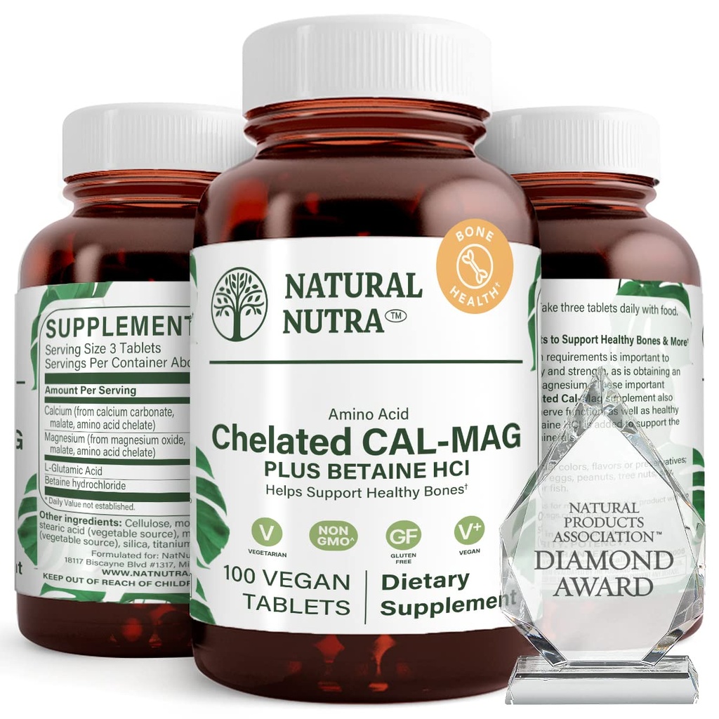 Natural Nutra chelated Calcium Magnesium 1000/500 mg Supplementen Plus Betaine HCL - chelated Cal Mag Verbetert botdichtheid, ondersteunt spier, tanden, cardiovasculaire & nerve gezondheid, 100 Vegan tabletten