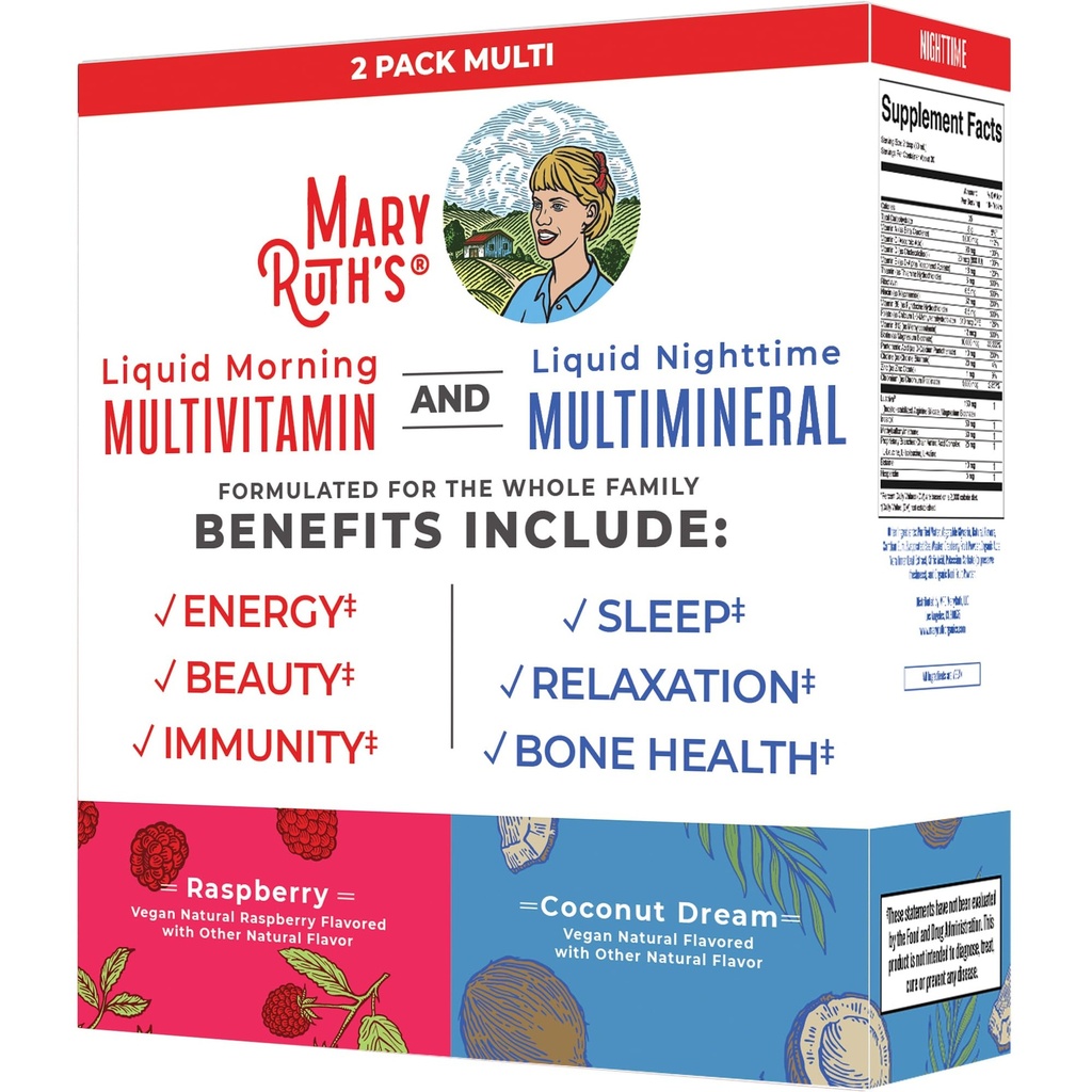 MaryRuth Organics Liquid Morning Multivitamine & Liquid Nighttime Multiminerale bundel, Vegan Vitamine C, Vitamine D, B Complex, Magnesium, Energie, Schoonheid, Slaapondersteuning, NO Melatonine, 32 Fl Oz Elke