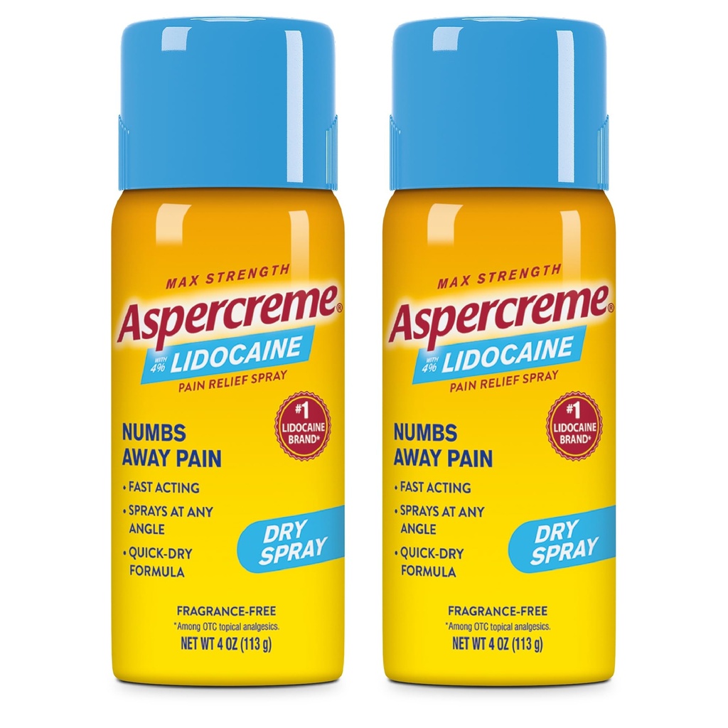 Aspercreme Lidocaine Dry Spray Soothes Aggravated Nerves, Numbing Topical Pain Relief Spray with Max-Strength 4% Lidocaine Sprays at Any Angle, 4 Oz., 2 pk