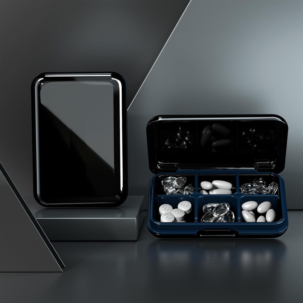 Pillendoos Waterdichte Travel Pill Case Portable Daily Pill Container Pillenhouder Purse 6 Compartments Pocket Compact Medicine Organizer voor Vitamine,Visolie, Complements, Medicatie (Grot zwart)