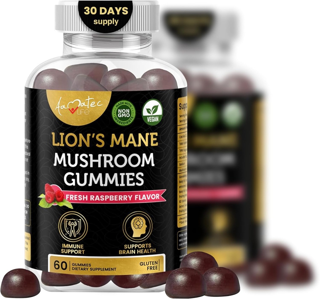Aamatec Vie Champignon Gommies pour les adultes de 10 Champignons avec Lions Mane Reishi Chaga & Cordyceps Champignon de cerveau, d'Immune & Soutien énergétique de Raspberry