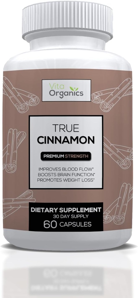 Vrai supplément de cannelle, Sri Lanka Capsules de cannelle biologique Ceylan, True Cinnamon Verum Bark, sans sucre - 60 Capsules de légumes