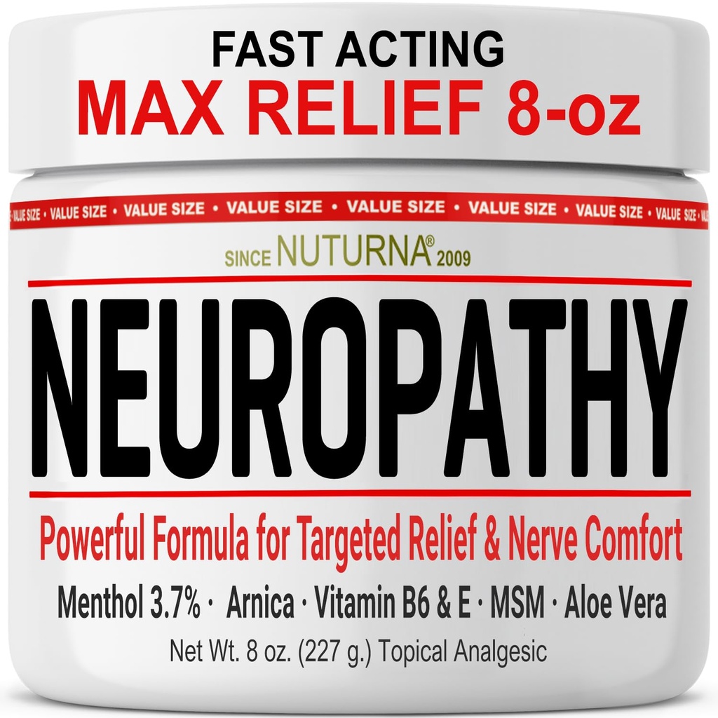Crème de soulagement de neuropathie - Soulagement max à action rapide pour les pieds Jambes orteils - Menthol ultra-fort, Arnica, Aloe Vera, MSM, Relief naturel apaisant de nerf - Extra Large 8 oz