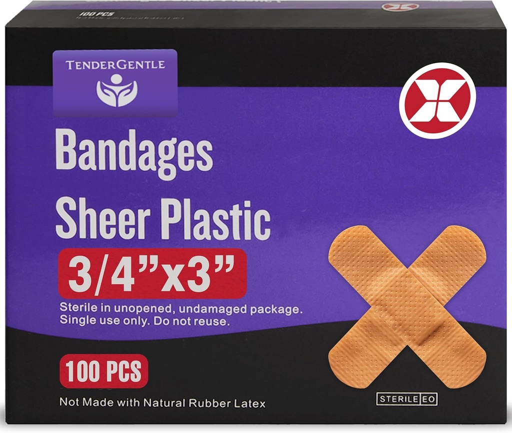 Kleefband - Doos van 100 3/4" Flexibele Sheer Plastic Bandages voor knipsels, scrapes, brandwonden - Latex Gratis, Steriele Kleine Bandages