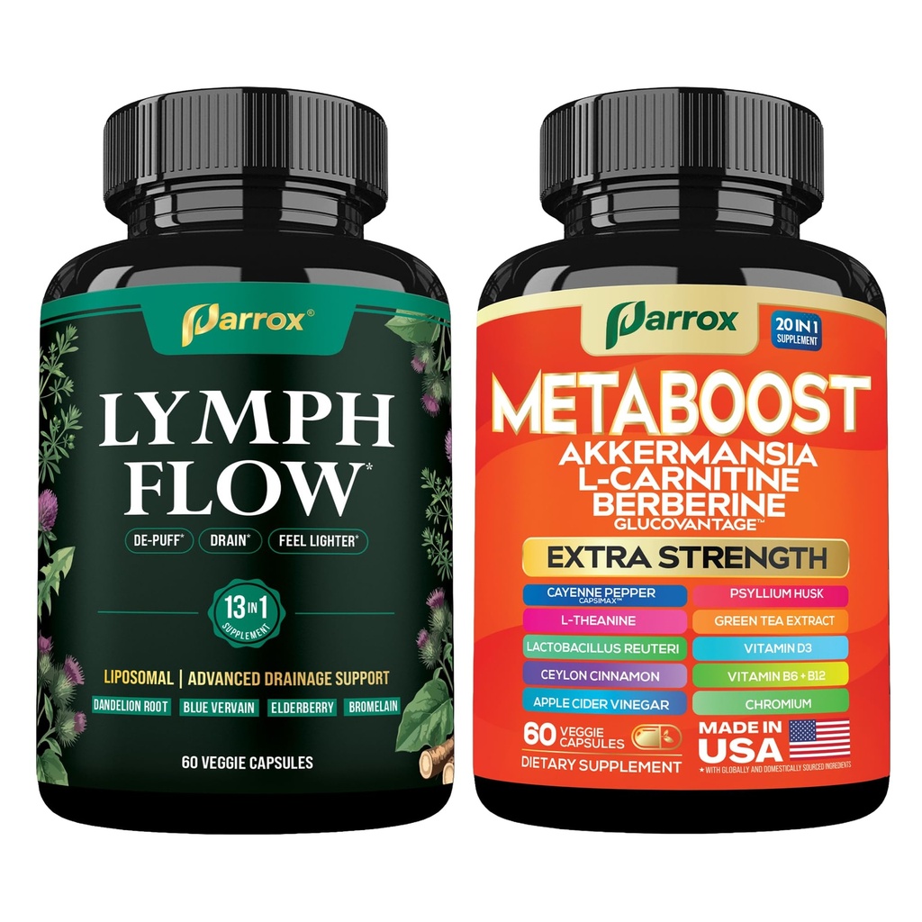 Metaboost and Lymph Flow Bundle, Akkermansia, L-Carnitine, Berberine, Glucomannan, Apple Cider Vinegar, Cleavers, Dandelion and Burdock, 120 Capsules