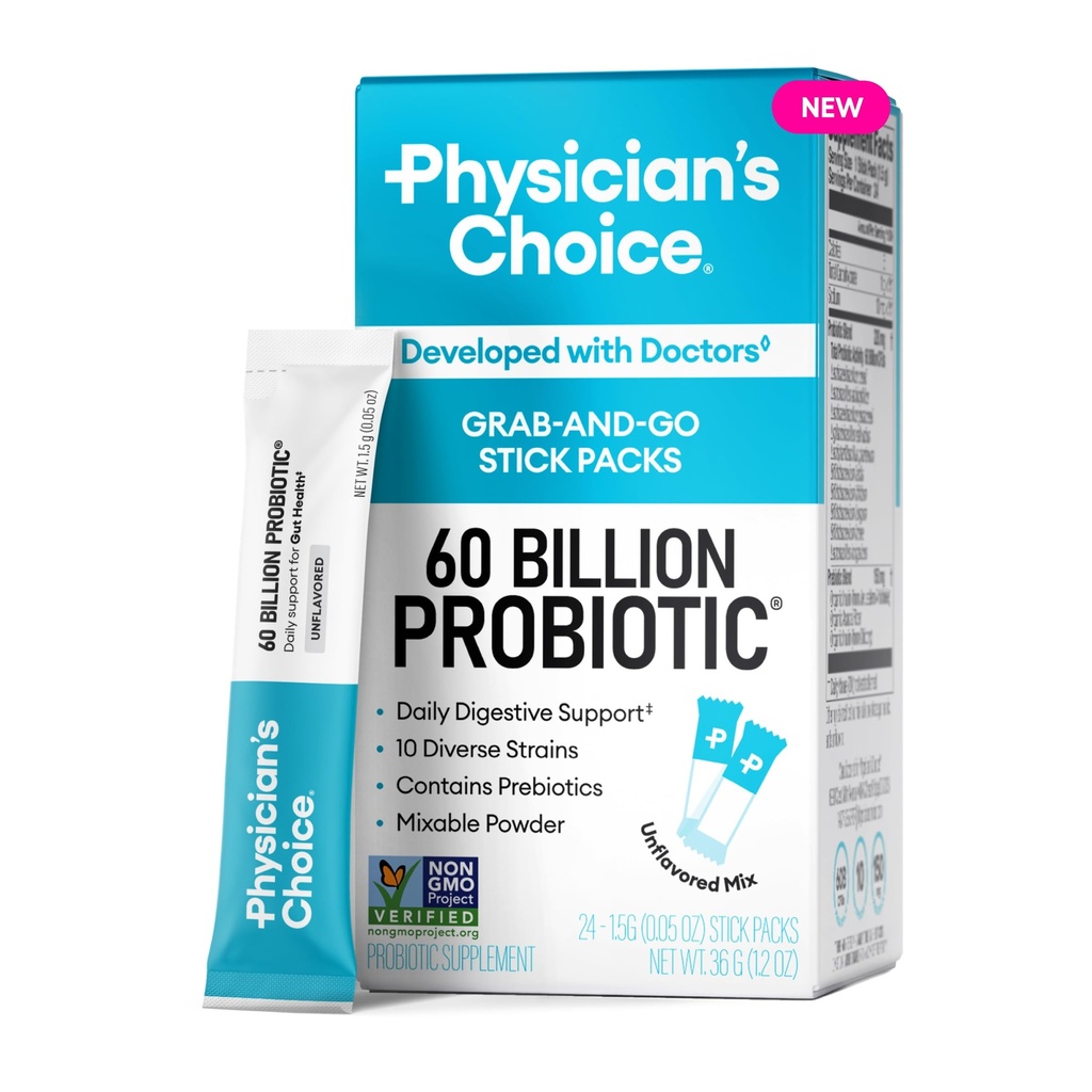 Physician’s Choice 60 Billion CFU Probiotic Stick Packs - 10 Strains + Prebiotics - Immune, Digestive & Gut Health - Supports Occasional Constipation, Diarrhea, Gas & Bloating - for Women & Men - 24CT