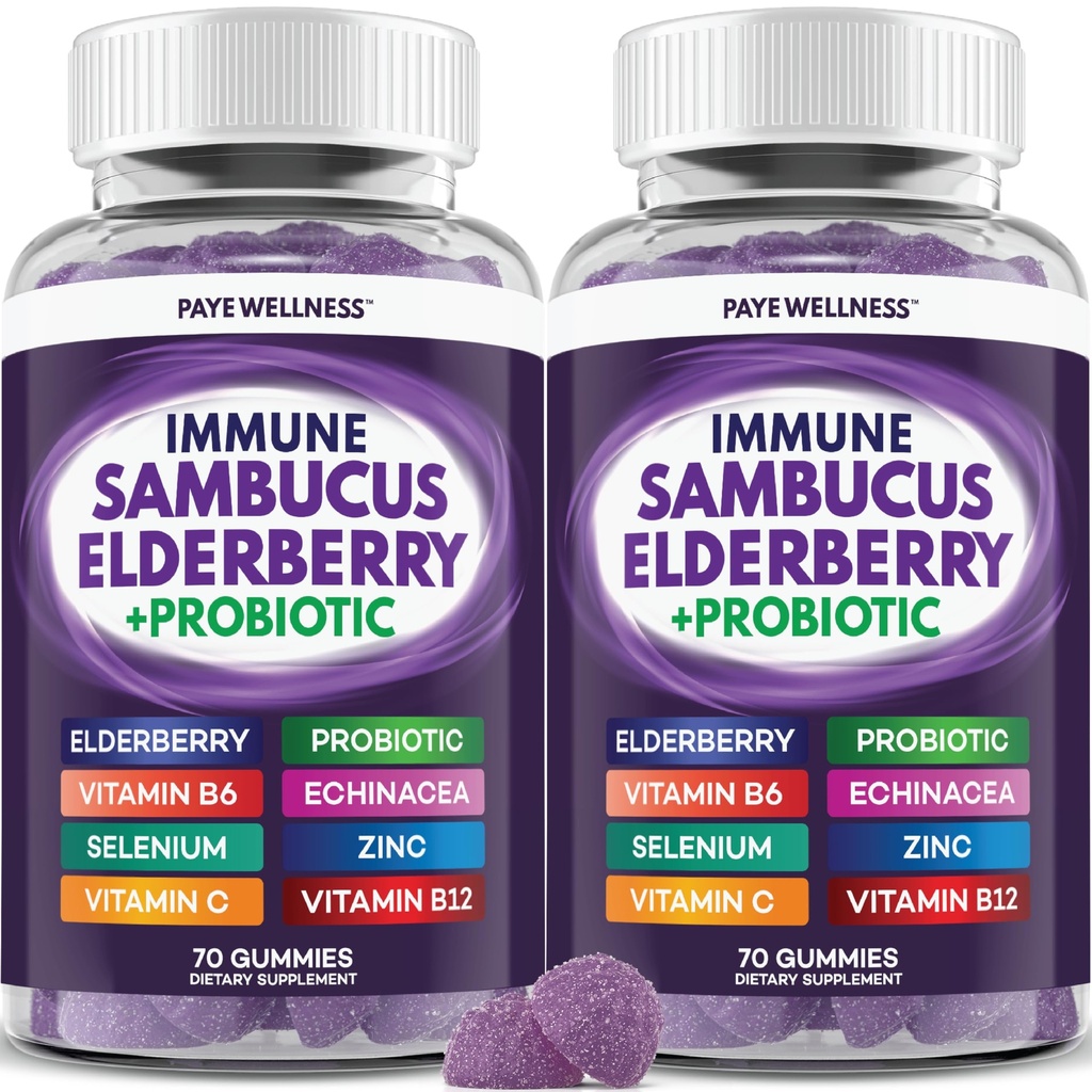 Elderberry Gummies Immune Support, Dagelijkse Ondersteuning voor kinderen en volwassenen*, met Sambucus Vlierbes, Zink, Vitamine C, D3, B6, B12, Plus - Dieetsupplement - 140 Tel.
